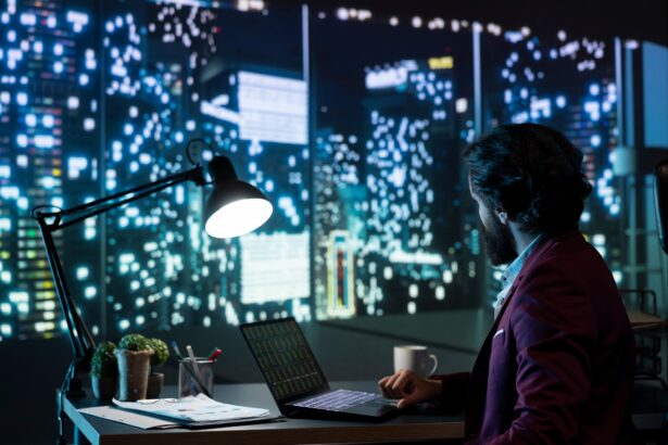 Private equity manager analyzing financial reports at night